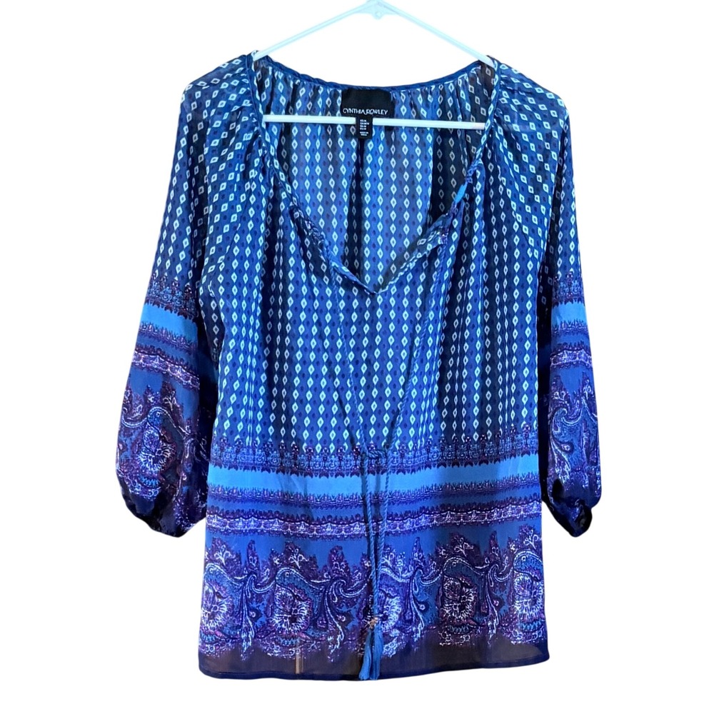 Cynthia‎ Rowley Peasant Blouse Medium Blue Paisley Tassel Excellent Boho Top